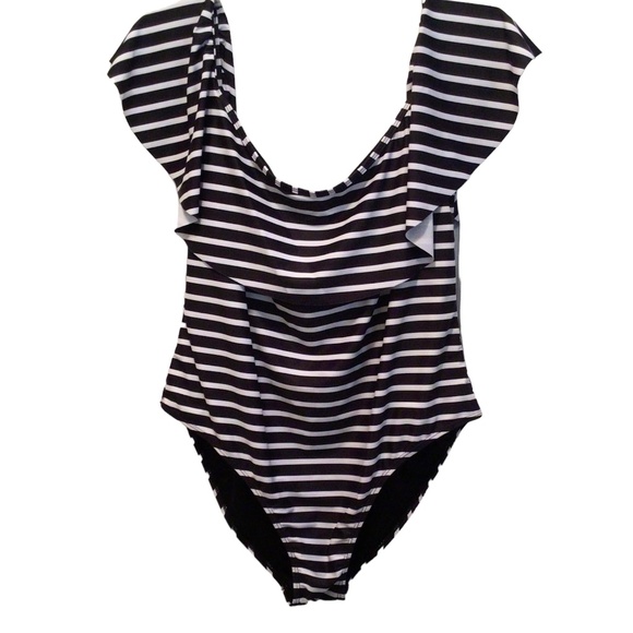 Boohoo maternity swimsuit size 18 navy blue white stripe ruffle flounce shoulder - Picture 1 of 12